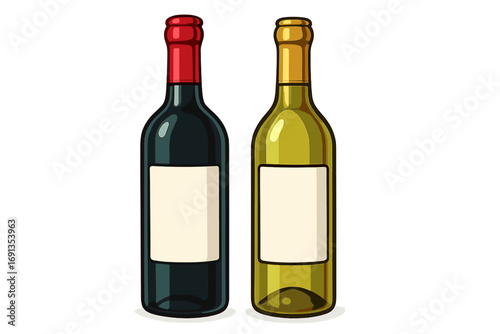 Red and white wine bottle vector with blank label for mockup or presentation. Alcohol drink cartoon template isolated. Wine presentation vector graphic for winery or restaurant.