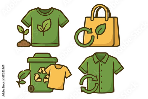 Sustainable fashion icon set. Eco-friendly clothing and textile recycling concept. Vector illustration of organic garments, circular economy, and green ethical lifestyle choice.