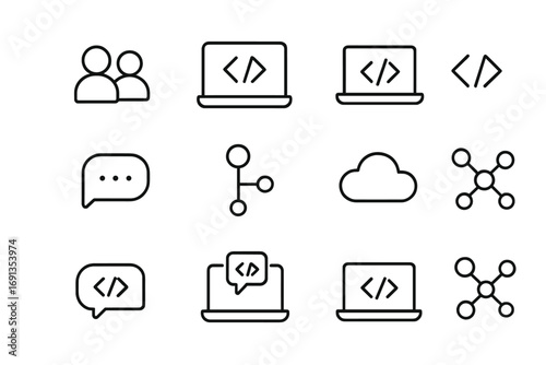 Collaborative Coding Icons. Outline icon set of Collaborative coding: teamwork, shared screen, laptop, code