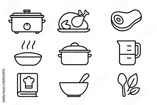 Slow Cooking Icons. Outline icon set of slow cooking: crockpot, turkey, soup, meat, steam, lid, timer,