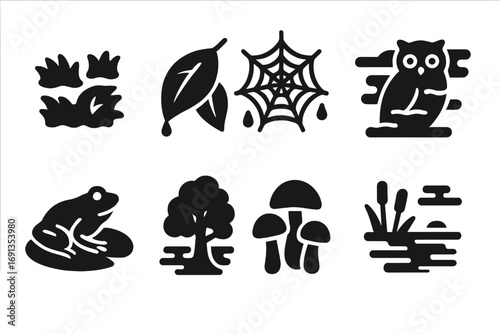 Fog Flora and Fauna. Solid, filled icon set of fog related flora and fauna: moss, wet leaves, dew spiderweb, owl in fog, frog on
