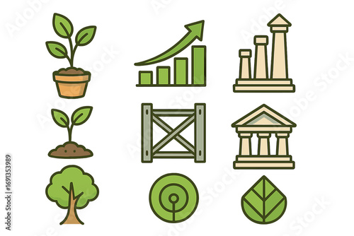 Growth icon set vector collection. Financial, business development, investment symbols. Natural, eco, plant and tree elements. Architecture, bank, structure. Green concept.
