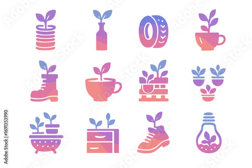 Creative Upcycled Planters. Gradient icons set of upcycled plant pot designs: tin can planter, wine bottle vase, tire planter,