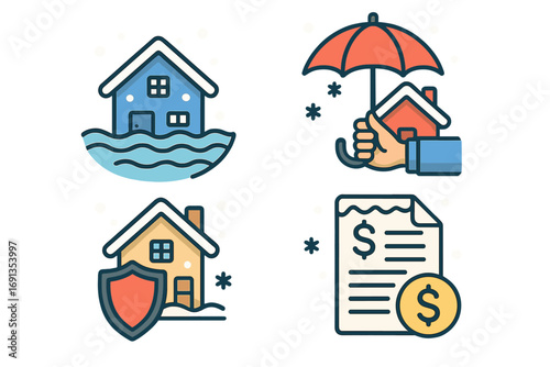 Home insurance icon set for property protection. House safety concepts for winter, snow, and flood damage. Financial security, policy document, and claim vector icons.