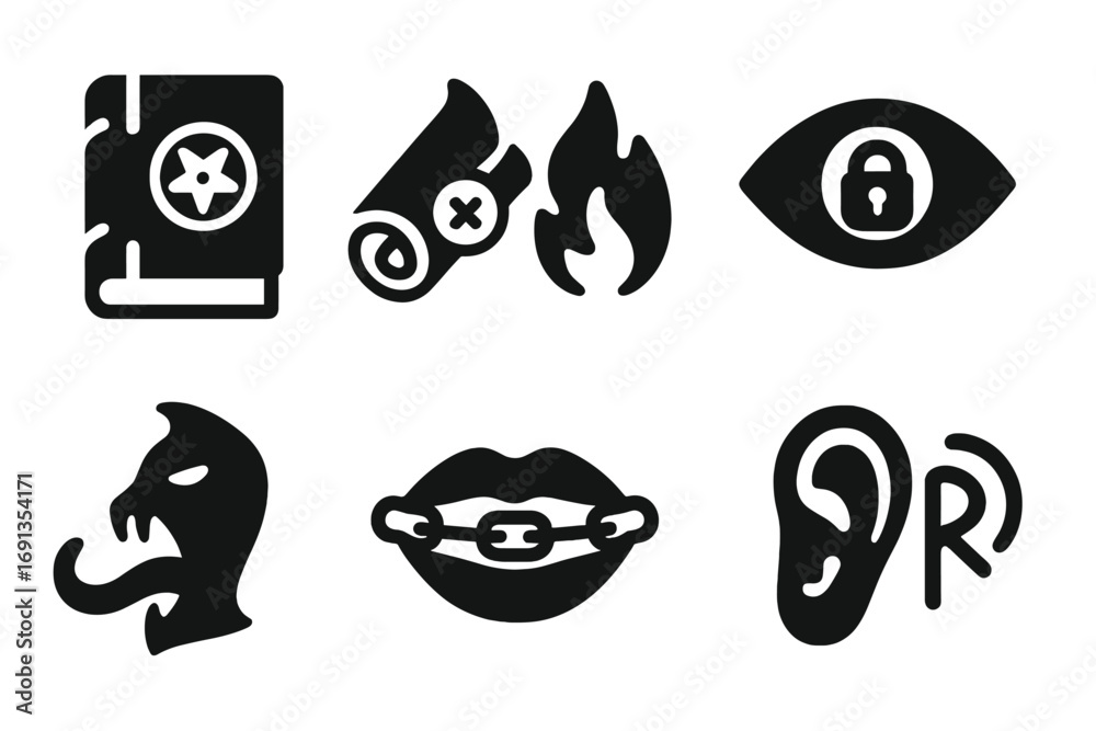 Naklejka premium Forbidden Knowledge Icons. Solid, filled icon set of forbidden knowledge: ancient book, sealed scroll, whispering flame, eye with