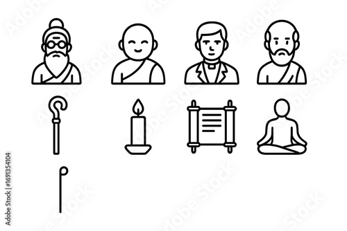 Spiritual Icons Grid. Outline icon set of Spiritual guidance: guru, monk, priest, teacher, staff, candle,