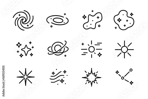 Galaxy Icon Set. Outline icon set of galaxies and star clusters: spiral galaxy, elliptical galaxy, irregular