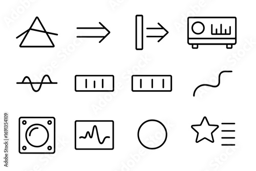 Spectroscopy Tools Icons. Outline icon set of spectroscopy tools: prism, light beam, diffraction grating,