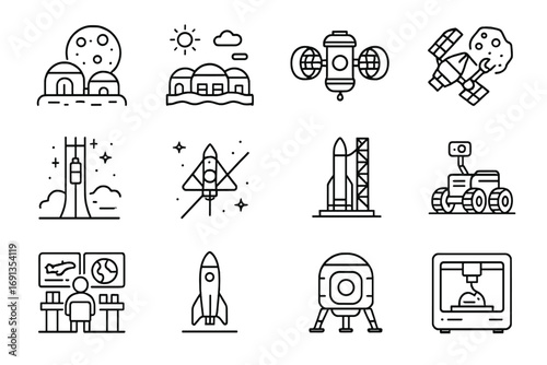 Future Space Mission Icons. Outline icon set of future space missions: lunar base, Mars habitat, orbital