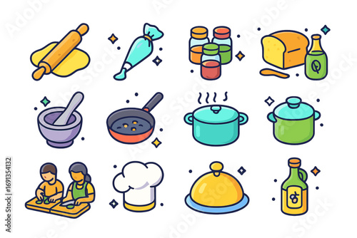 Culinary Workshop Icons. Colorful isometric vector icons set of culinary workshops: rolling pin, pastry dough, cake decorating bag