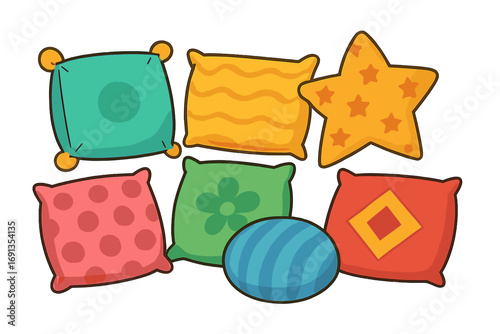 Colorful decorative pillows and cushions set. Vector cartoon illustration of home decor items for comfort, rest and interior design. Variety of shapes and patterns isolated.