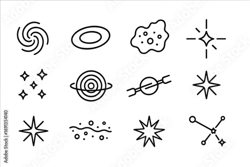 Galaxy Icon Set. Outline icon set of galaxies and star clusters: spiral galaxy, elliptical galaxy, irregular