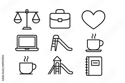 Work-Family Balance Icons. Outline icon set of Balancing work and family: scale, briefcase, baby, heart,