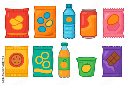 Collection of colorful snack and beverage package icons. Vector cartoon illustration set of junk food items like chips, soda, juice, chocolate bar, candy, and cookies.