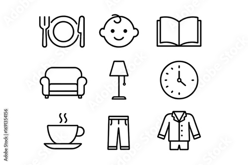 Evening Routine Icons. Outline icon set of Evening routines after work: dinner plate, baby, book, couch, lamp,