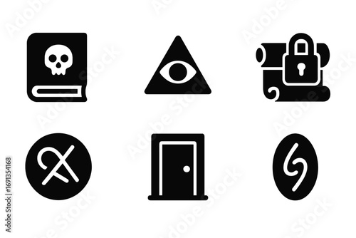 Forbidden Knowledge Icons. Solid, filled icon set of forbidden knowledge: cursed book, sealed envelope, eye in triangle, locked