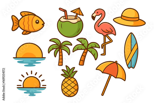 Set of colorful summer beach icons for tropical vacation. Cute cartoon vector collection of travel symbols like flamingo, palm tree, surfboard, sunset, pineapple, coconut drink.