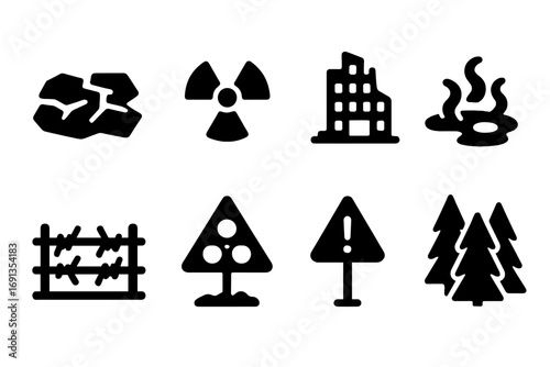 Forbidden Zone Icons. Solid, filled icon set of forbidden zone terrain: cracked ground, radioactive zone, abandoned building,