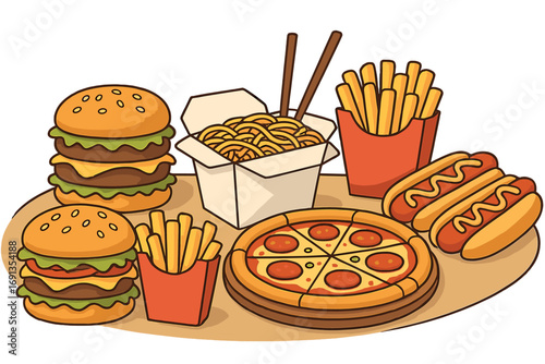 Variety of fast food items. Burger, fries, hot dog, pizza, noodles. Vector cartoon illustration set. Junk food concept for menu design, poster, sticker, icon, takeaway.