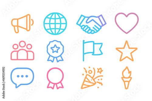 Cultural Icons Grid. Gradient icons set of culture ambassador programs: megaphone, globe, handshake, heart, group avatar, badge,