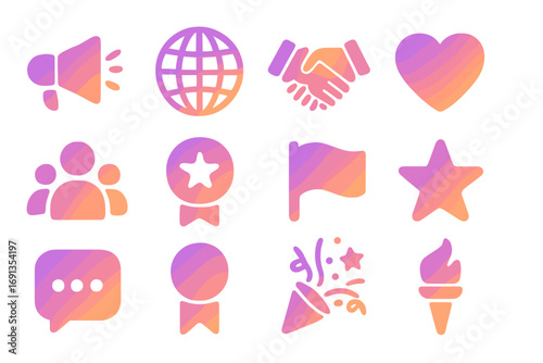 Cultural Icons Grid. Gradient icons set of culture ambassador programs: megaphone, globe, handshake, heart, group avatar, badge,