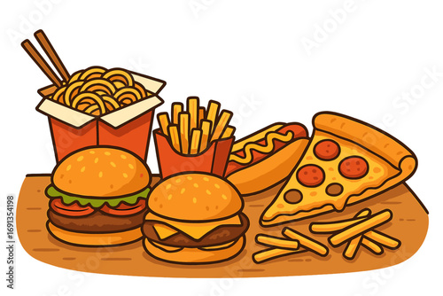 Fast food vector illustration set. Junk food collection with burger, pizza, hot dog, fries and noodles. Takeaway meal concept. Unhealthy eating flat cartoon graphic design.