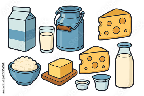 Dairy product set vector cartoon illustration. Milk carton, glass, bottle, cheese, butter, cottage cheese, yogurt. Fresh farm food concept. Healthy nutrition, breakfast icons.