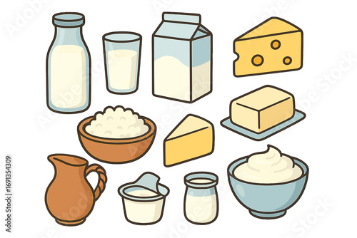 Dairy products set vector illustration. Milk, cheese, butter, yogurt, cottage cheese, sour cream icons. Fresh farm food collection. Healthy breakfast cartoon graphic design elements.