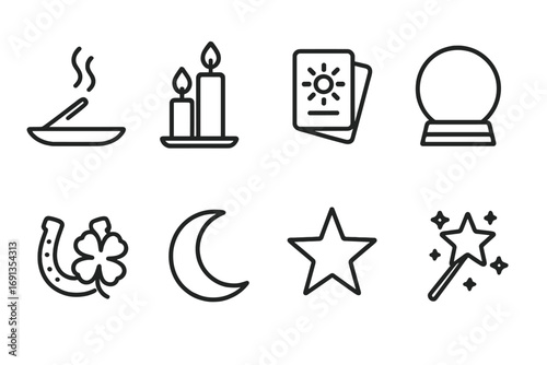 Fortune Ritual Icons. Outline icon set of fortune rituals: incense, candles, tarot deck, crystal ball, lucky charms, moon, star,