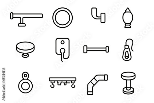 Curtain Accessories Icons. Outline icon set of curtain accessories: curtain rod, curtain ring, wall bracket, finial, decorative