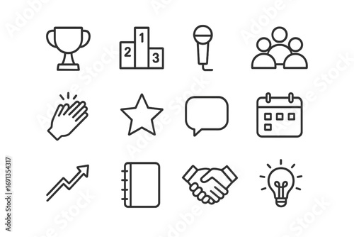 Success Icons Grid. Outline icon set of success stories: trophy, podium, microphone, audience, applause hands,