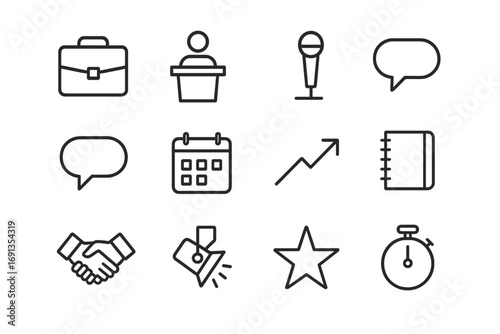 Career Icons Grid. Outline icon set of career development events: briefcase, podium, microphone, audience,
