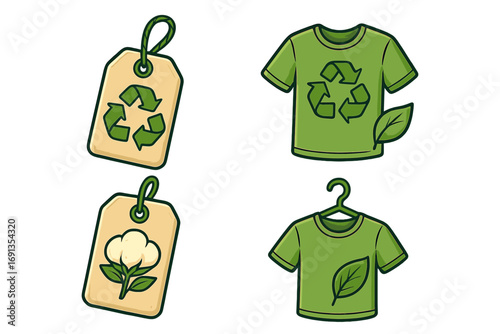 Eco friendly fashion vector icon set. Sustainable clothing concept with t-shirt, recycle symbol, natural cotton label tag. Green apparel for ethical consumer. Slow fashion.