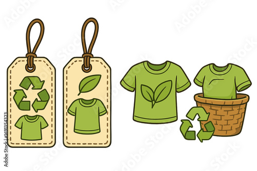Eco-friendly fashion concept with T-shirt and recycling symbols. Sustainable, organic apparel icons for circular economy and conscious consumerism. Vector illustration set.