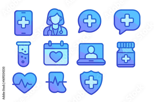 Modern healthcare app icons set with gradient style, telemedicine, medical symbols, doctor, heart health, medication, chat, calendar, online consultation, protection, vector cartoon illustration