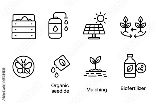 Sustainable Agriculture Icons. Outline icon set of Sustainable agriculture practices: compost bin, rainwater