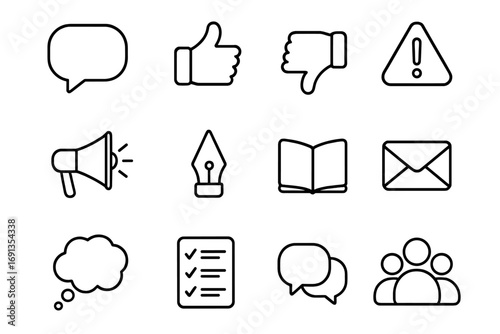 Feedback Icon Set. Outline icon set of criticism and feedback: comment bubble, thumbs up, thumbs down,