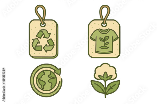 Sustainable fashion vector icon set. Eco-friendly clothing labels with recycle symbol & organic plant. Slow fashion, ethical production, green apparel & natural cotton concepts.