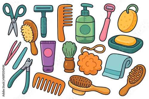 Personal care and grooming tools vector set. Bathroom essentials for daily hygiene routine. Cartoon illustration collection of toiletries, razor, comb, brush, soap and scissors.