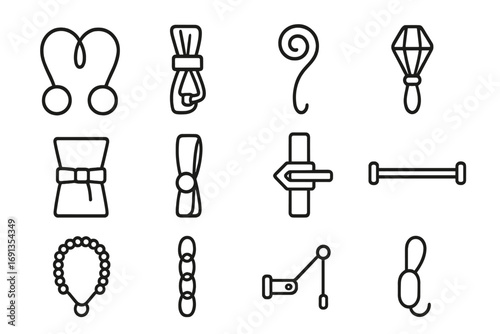 Curtain Tieback Icon Set. Outline icon set of modern curtain tieback designs: magnetic ball tieback, clip tieback, spiral hook