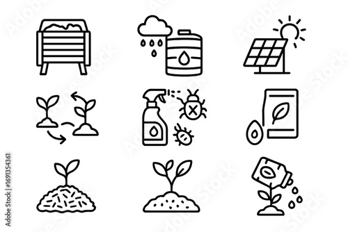 Sustainable Agriculture Icons. Outline icon set of Sustainable agriculture practices: compost bin, rainwater