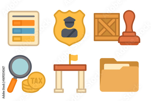 Customs Icons for Kids. Flat vector mini-illustrations Tariff schedule and customs in colors children’s illustrations: tariff