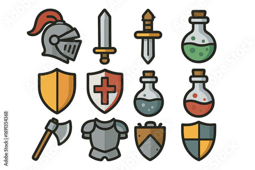 Medieval knight icon set for fantasy RPG games. Vector collection of arms and armor. Includes helmet, sword, dagger, shield, axe, and magic potion bottle icons. Cartoon clipart.