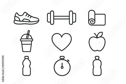 Healthy Lifestyle Icons. Outline icon set of Healthy lifestyle icons: running shoe, dumbbell, yoga mat,