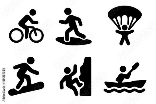 Freedom Sports Icons. Solid, filled icon set of freedom sports: cyclist, surfer, runner, skydiver, snowboarder, swimmer, rock