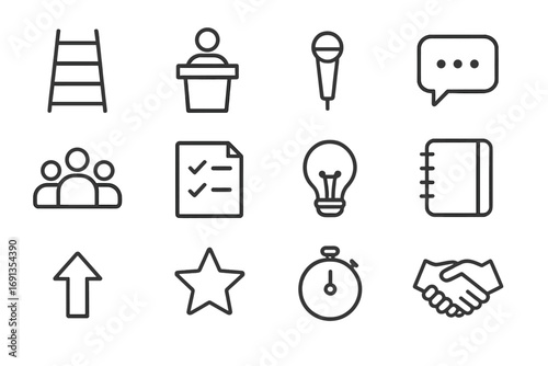 Personal Growth Icons. Outline icon set of personal growth seminars: ladder, podium, microphone, speech bubble
