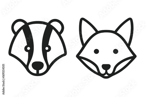 Minimalist stylized badger and fox animal faces, simple linear black line art icons, cartoon vector illustrations, wildlife forest animals, clean transparent background, set of two