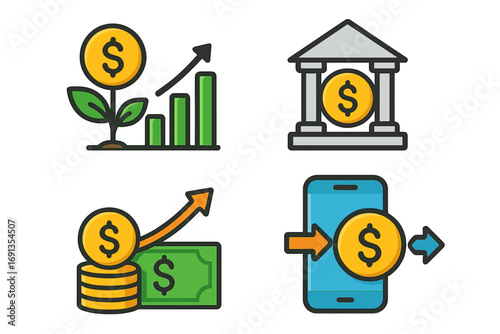 Finance and money icon set for investment, banking and profit growth. Mobile payment and digital transaction symbols. Vector illustration of financial services and economy.