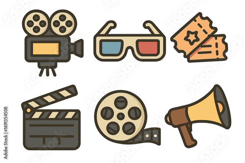Cinema icon set for movie production and filmmaking. Includes retro film camera, 3D glasses, tickets, clapperboard, film reel, and megaphone. Vector cartoon entertainment symbols.