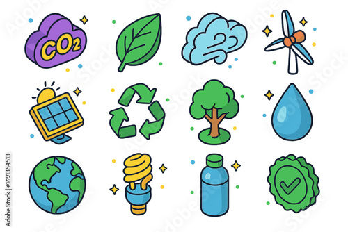Cycling Eco Icons. Colorful isometric vector icons set of environmental benefits of cycling: CO2 reduction, green leaf, clean air